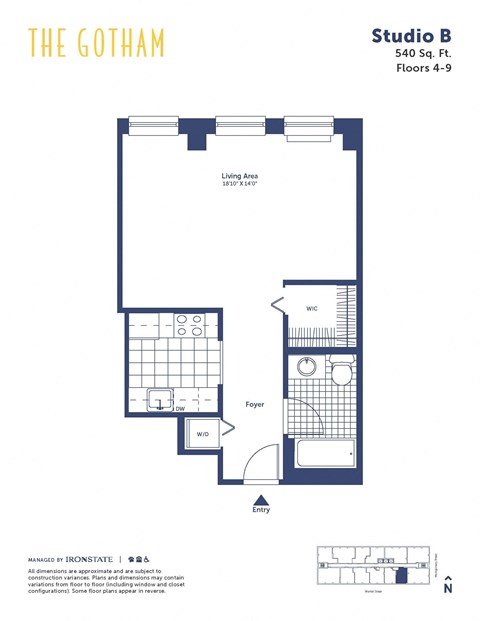 Floor plan for studio, 1 bath, 540 sqft